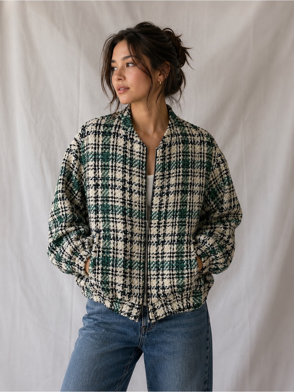 Zara Plaid Tweed Boucle Bomber Jacket Zip Green Cream Check NWT XS oversized S/M